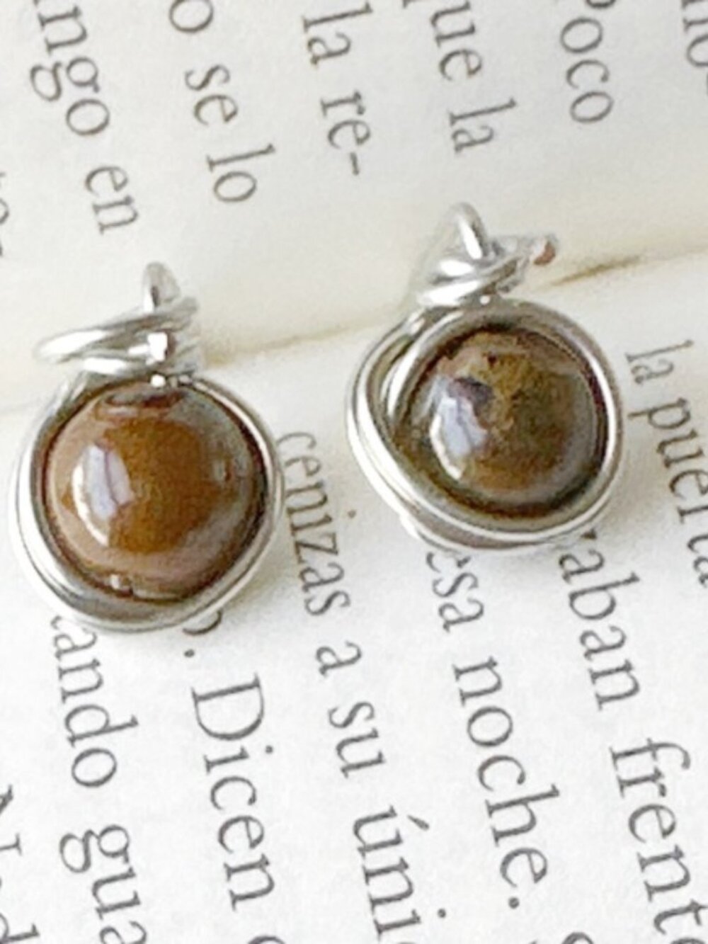 Handcrafted Brown Stone and Silver Wire Stud Earrings - Women Jewelry